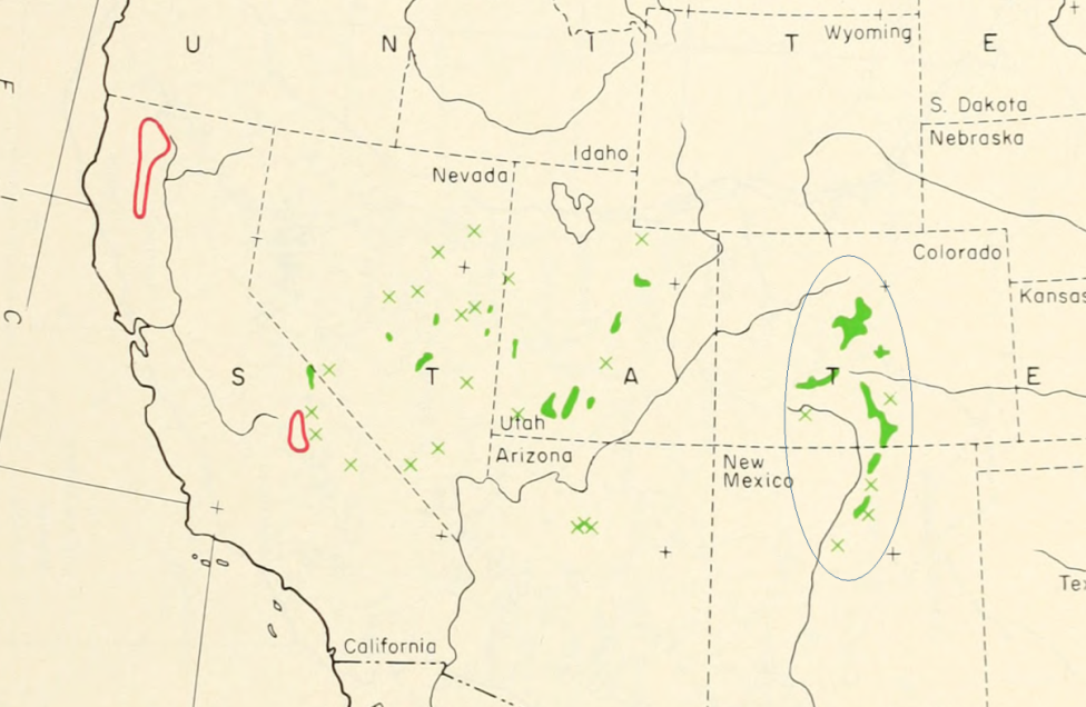 Ареал P. balfouriana (два красных контура в Калифорнии) и P. longaeva + P. aristata (зеленые пятна и крестики). Это карта 1966 г. В то время два последних вида еще не были разделены. Ареал P. aristata мы обвели тонким синим контуром. Зеленые пятна и крестики вне этого контура – P. longaeva.
